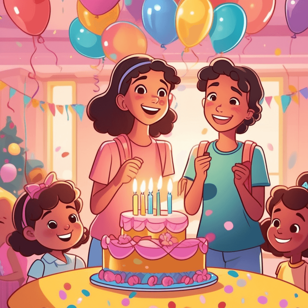A girl looks glad as friends surprise her with birthday cake
