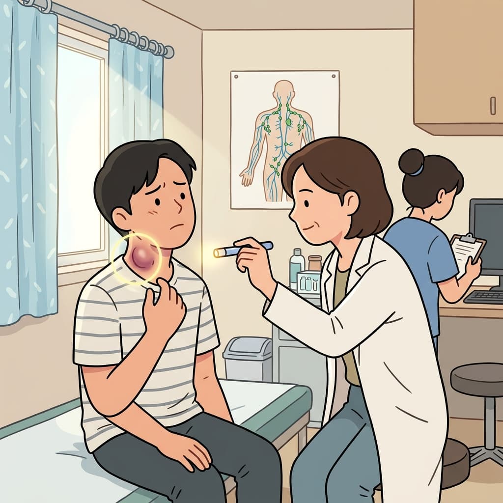 The doctor pointed to the swollen gland on the patient's neck.