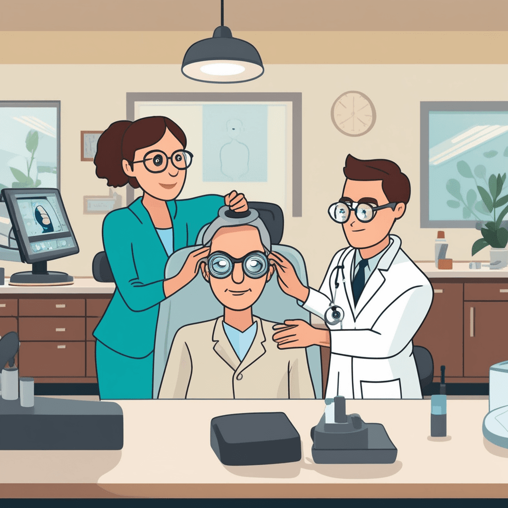 an optometrist carefully places a pair of eyeglasses onto a patient's face for the first time. The patient's expression immediately changes from squinting confusion to bright recognition. The patient can now clearly see the eye chart on the wall that was blurry before. The optometrist smiles warmly while adjusting the frame to fit perfectly on the patient's nose and ears. Other patients in the background try on different frames at mirrors. a pair of lenses in a frame that rests on the nose and ears, used to correct vision or protect the eyes