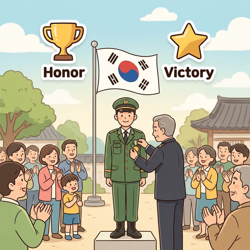 The soldier fought for the glory of the nation. (🏆 Honor + ⭐ Victory → Glory)