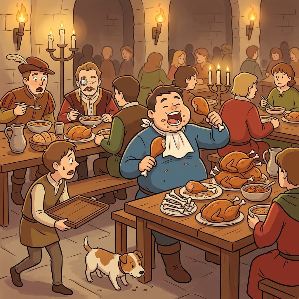 The glutton devoured six roasted turkeys before anyone else finished their soup.