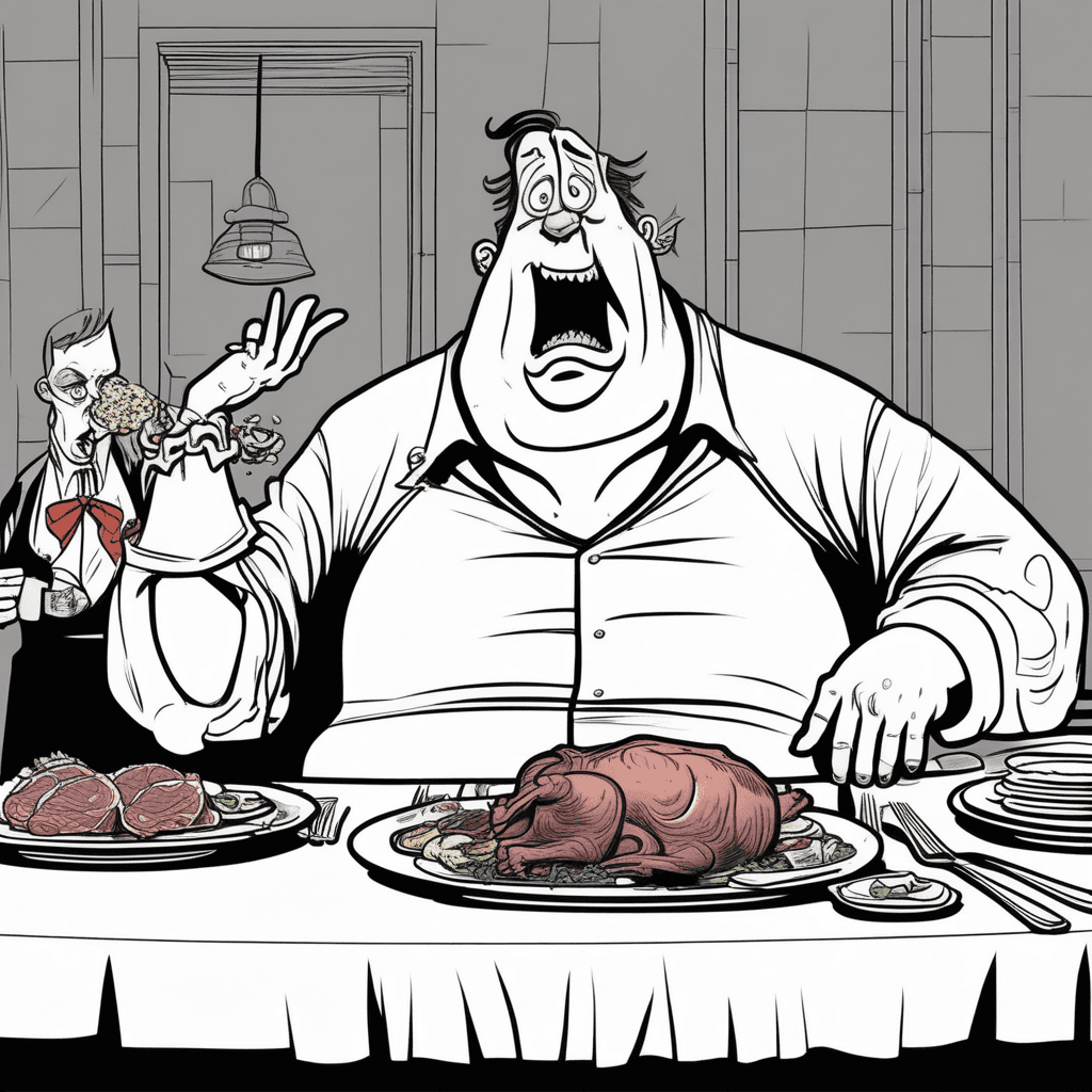 The glutton's button pops from too much mutton!