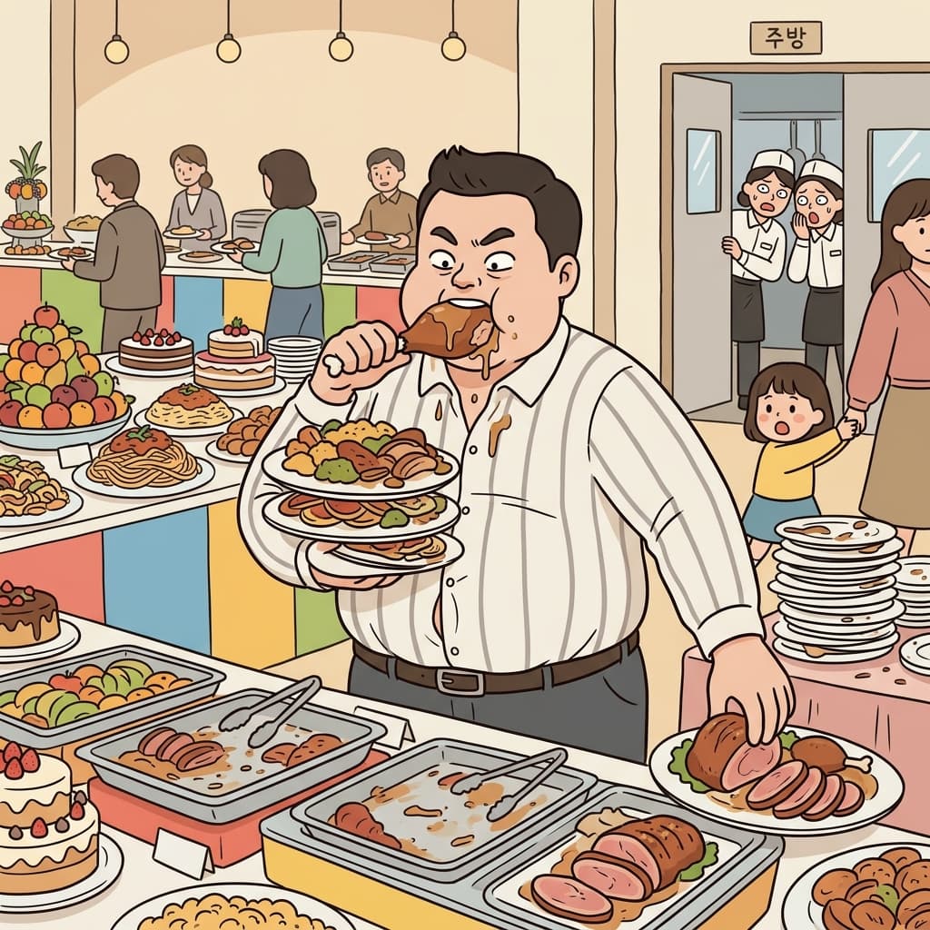 His shameless gluttony emptied the entire buffet in minutes.
