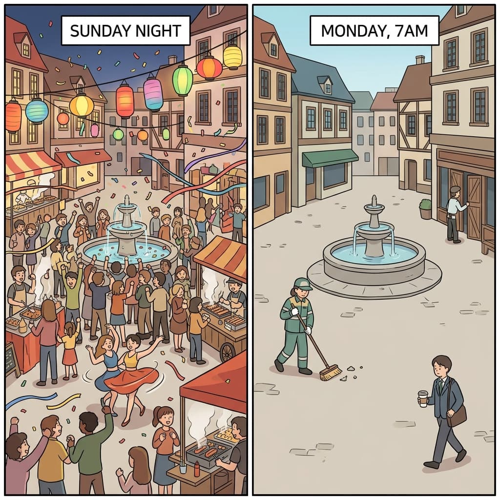 After the festival ends, the town square goes back to normal by Monday morning.