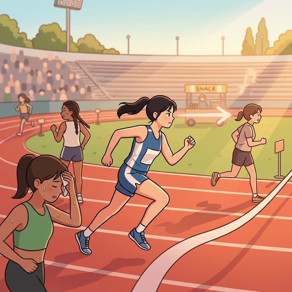 A goal-oriented runner sprints toward the finish line, ignoring everything else around her.