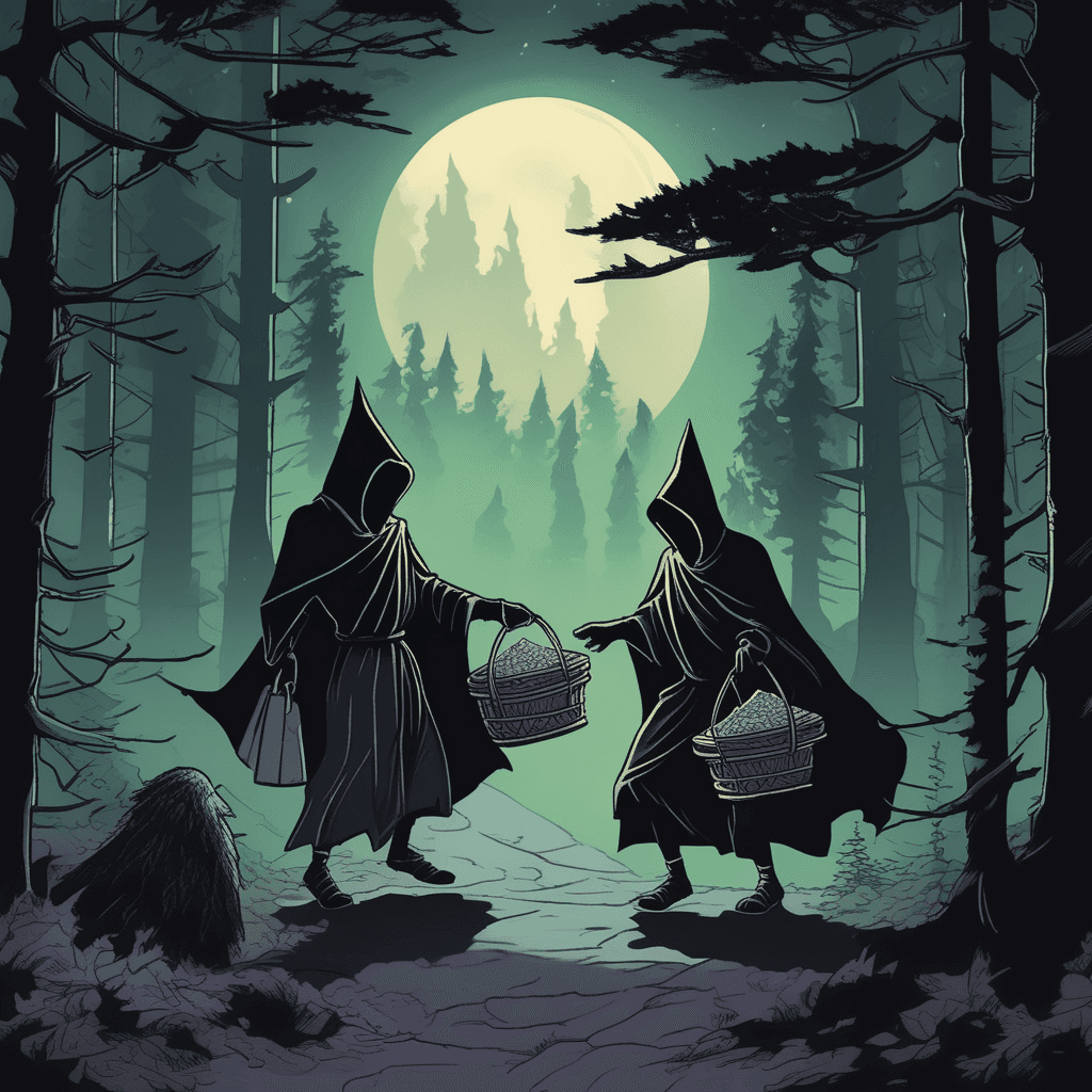 Hooded traders sell mystical goods deep in the woods!