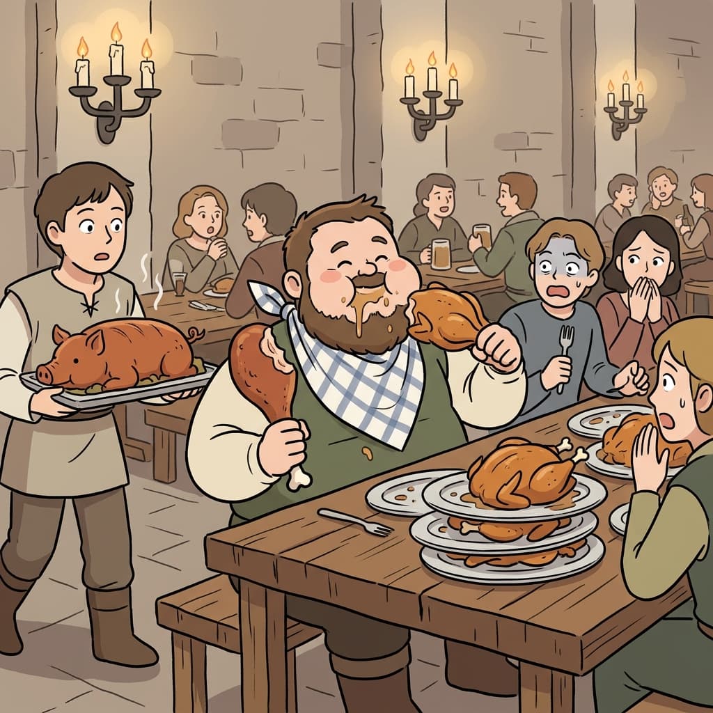 The gourmand devoured three roast chickens before dessert even arrived.