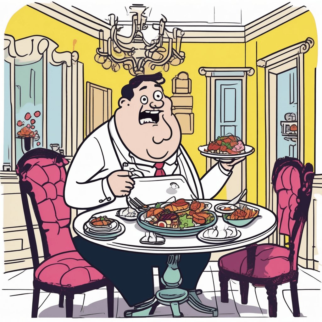 The gourmand's belly continues to expand as his demands never end!