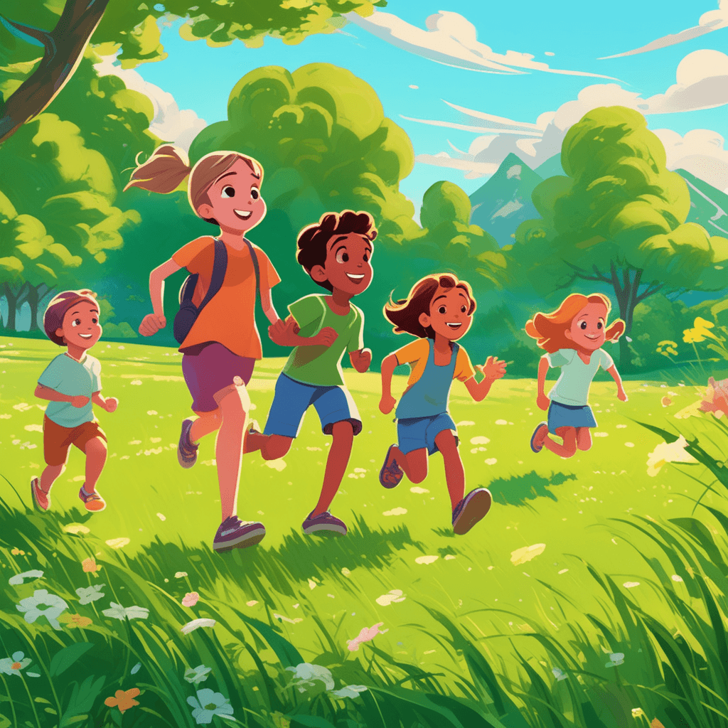 two children run barefoot across a lush green meadow covered entirely in thick grass. Their feet sink slightly into the soft grass blades as they chase each other playfully. The dense grass stretches in all directions, creating a natural carpet beneath their steps. Each blade sways gently in the breeze as the children move through the field. Their parents sit on a blanket nearby, surrounded by the same thick grass covering. The grass appears so abundant that it completely covers every inch of the ground visible. an area completely covered with grass, having a lot of grass everywhere