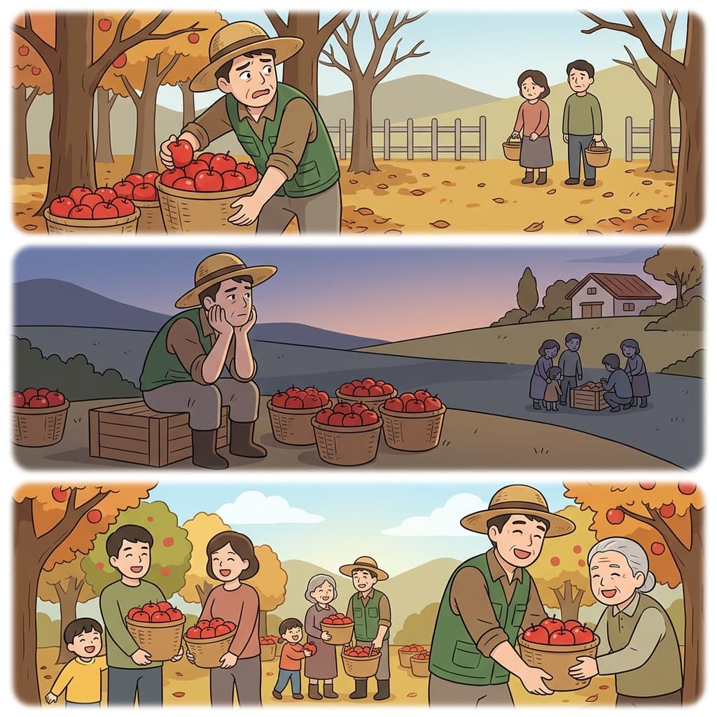 The greedy farmer ignored the needy families until he finally became generous.