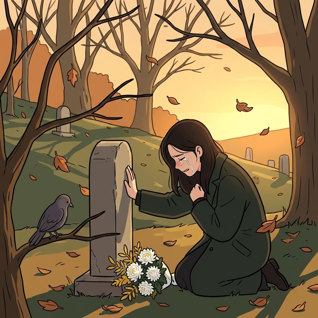 She sits by the grave alone, letting herself grieve at last.