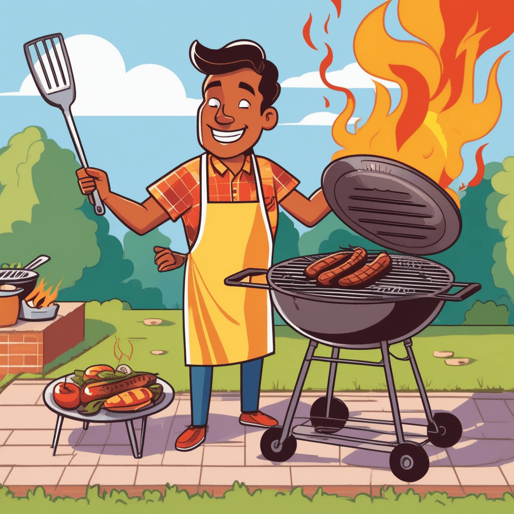 A grill sizzles with meat and vegetables over flames at a summer barbecue