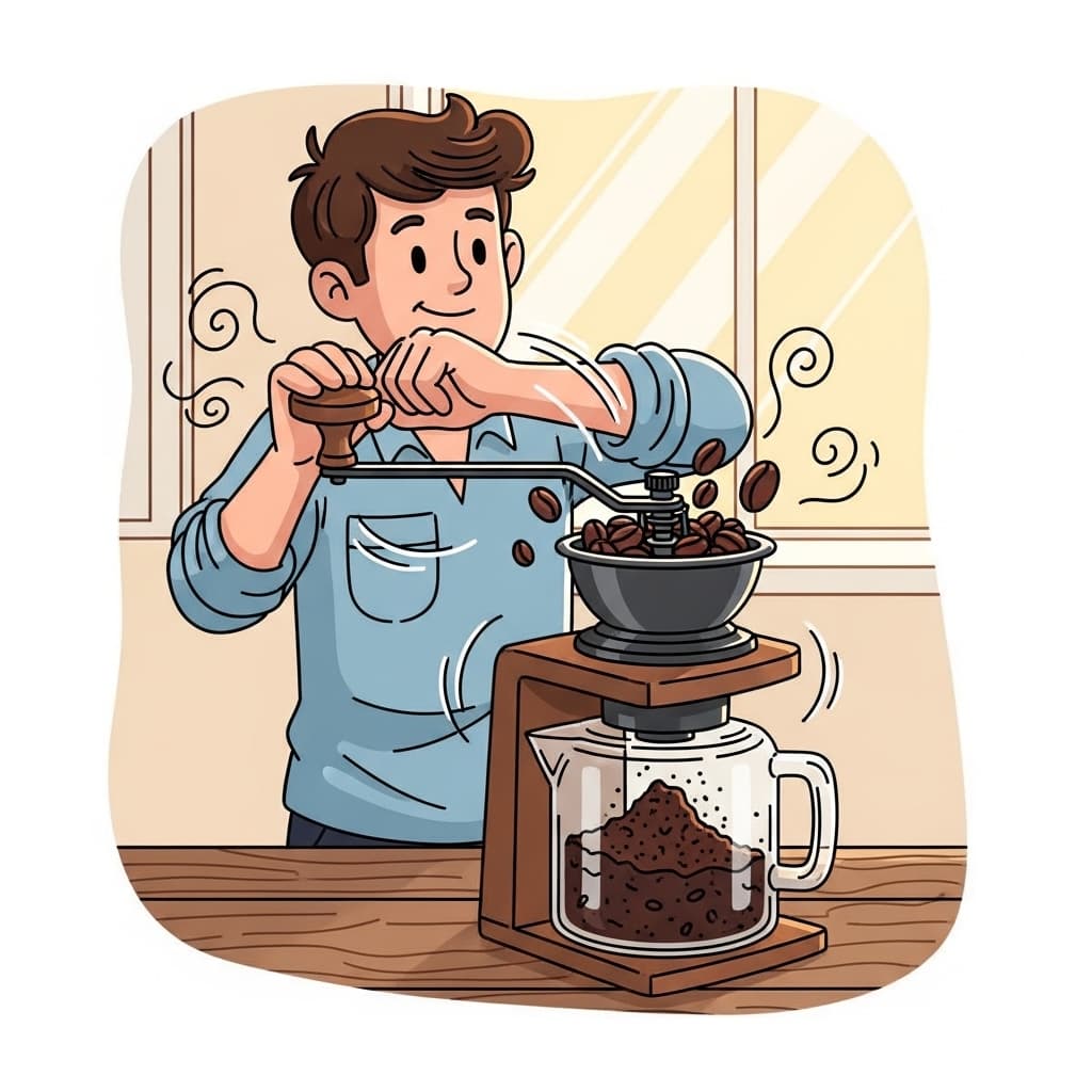He ground the coffee beans into fine grounds with a hand grinder.
