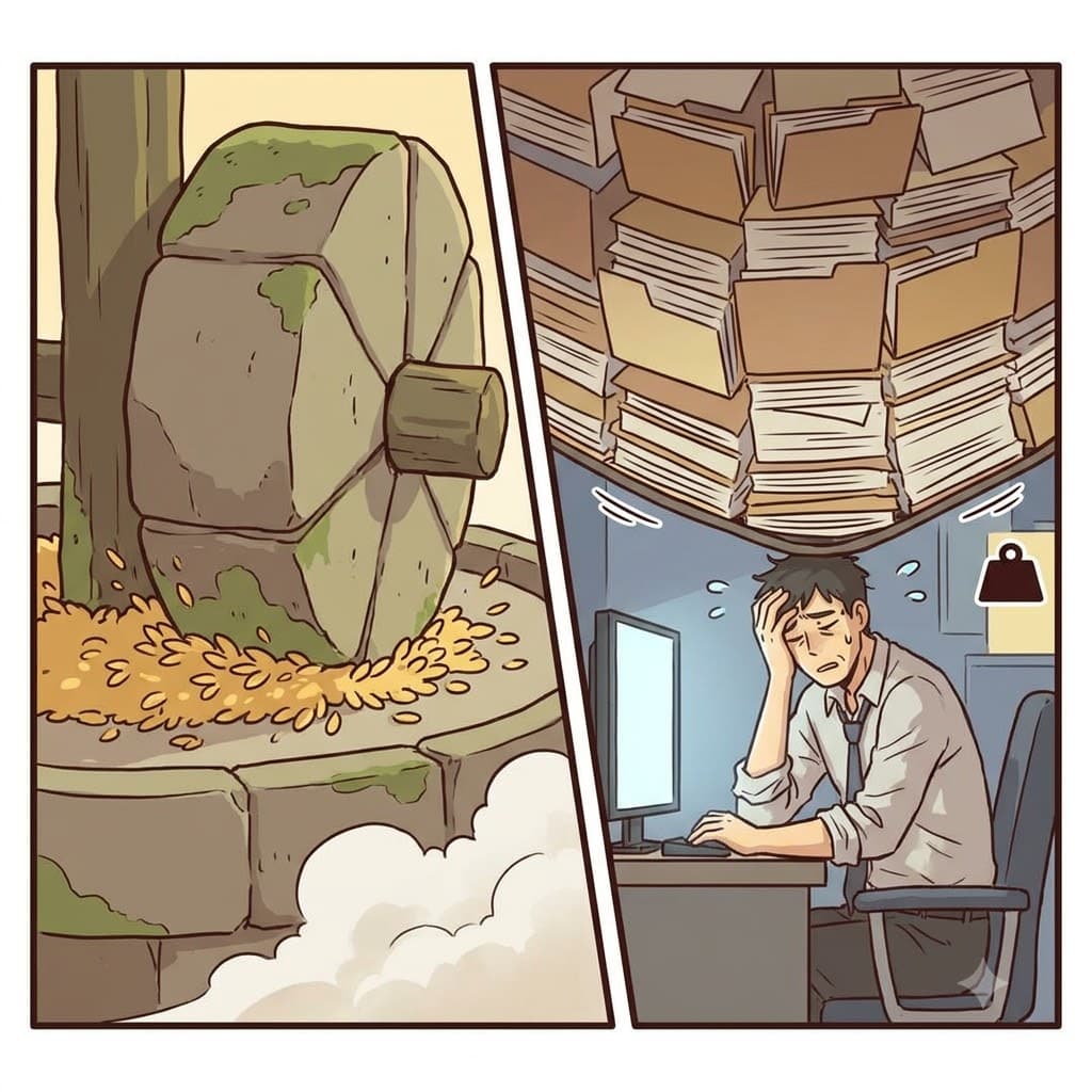 Like two massive millstones rubbing together, the repetitive daily grind of the heavy office work completely exhausted the worker.