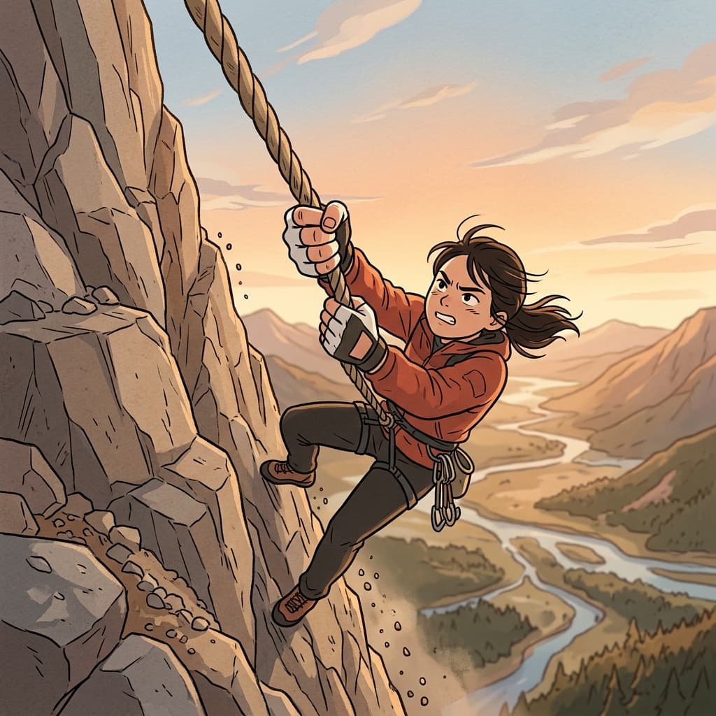 The climber tightened her grip on the rope as the wind whipped past.