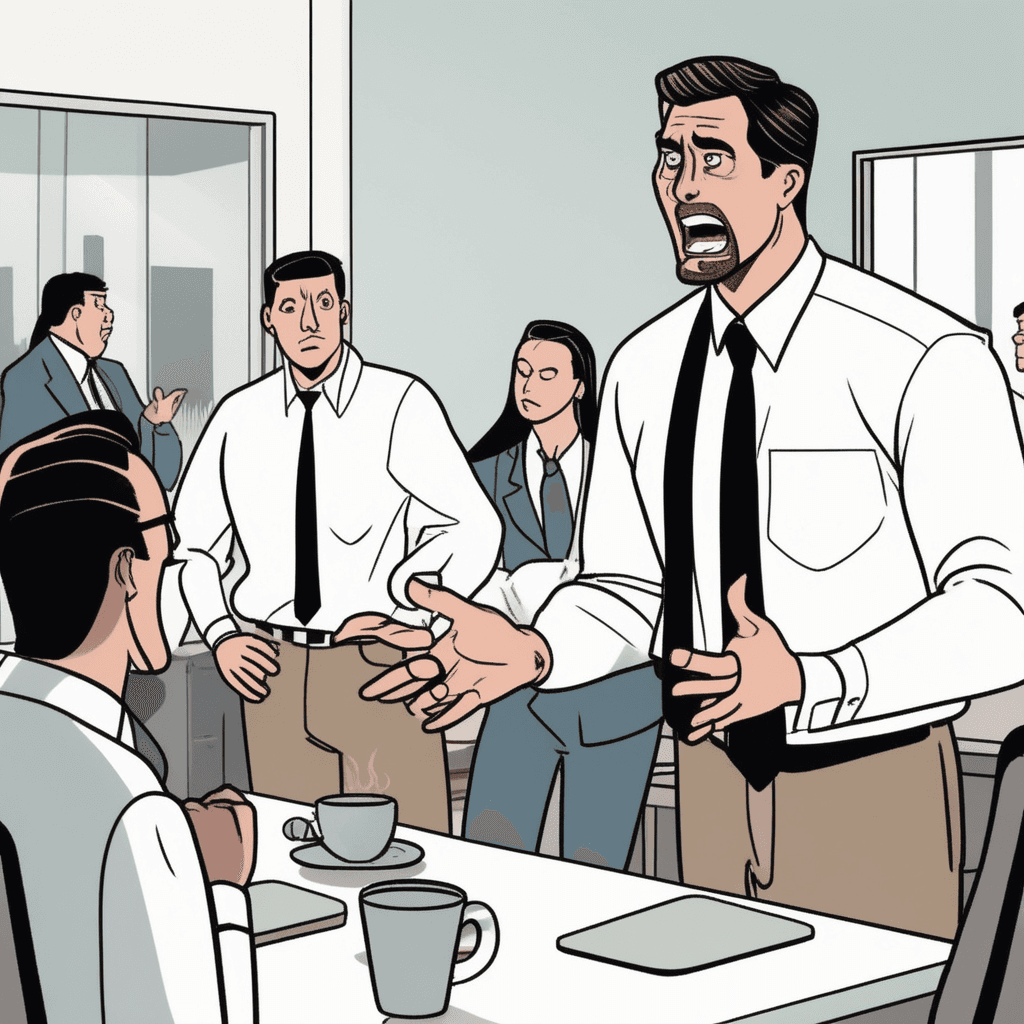 an office worker gestures dramatically while talking to colleagues around a small table. His face shows clear frustration as he points toward the broken coffee machine nearby. The same employee has been complaining about various office issues for several minutes straight. His coworkers show tired expressions and some are looking away or checking their phones. One colleague holds up her hand as if trying to politely stop the complaints. Another worker in the background rolls his eyes while walking away from the conversation. someone complaining persistently about workplace problems
