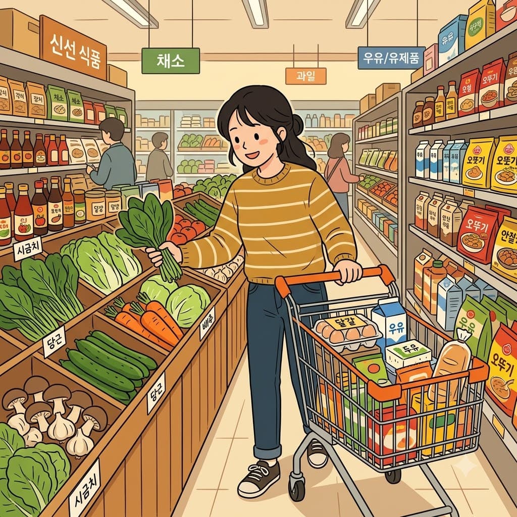 She pushed her cart through the store, choosing fresh vegetables, eggs, and milk for her groceries.