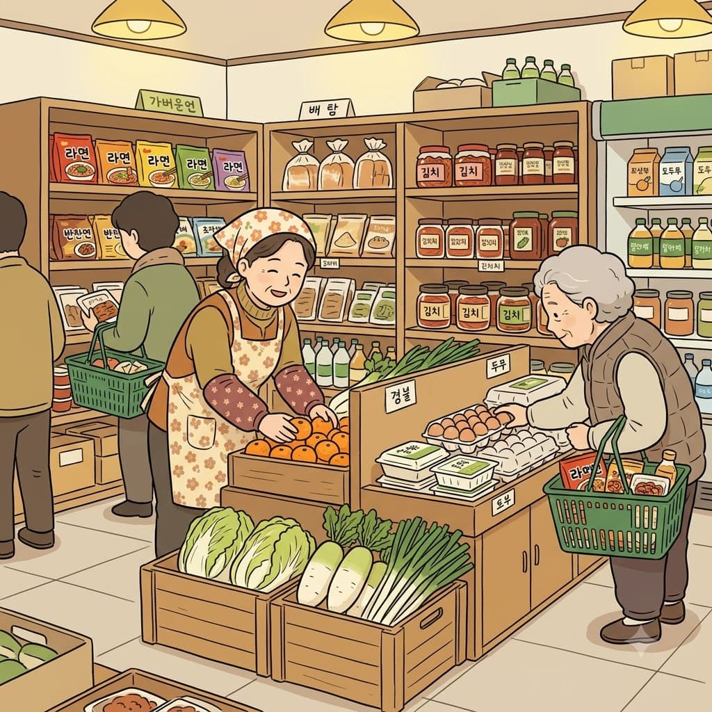 The grocer stocked the shelves while customers filled their baskets with groceries.