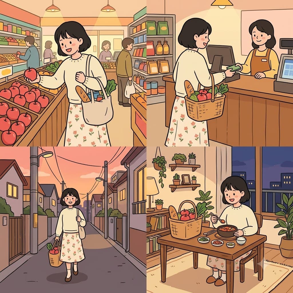 After buying her groceries, she brought home rosy apples for a cozy dinner.