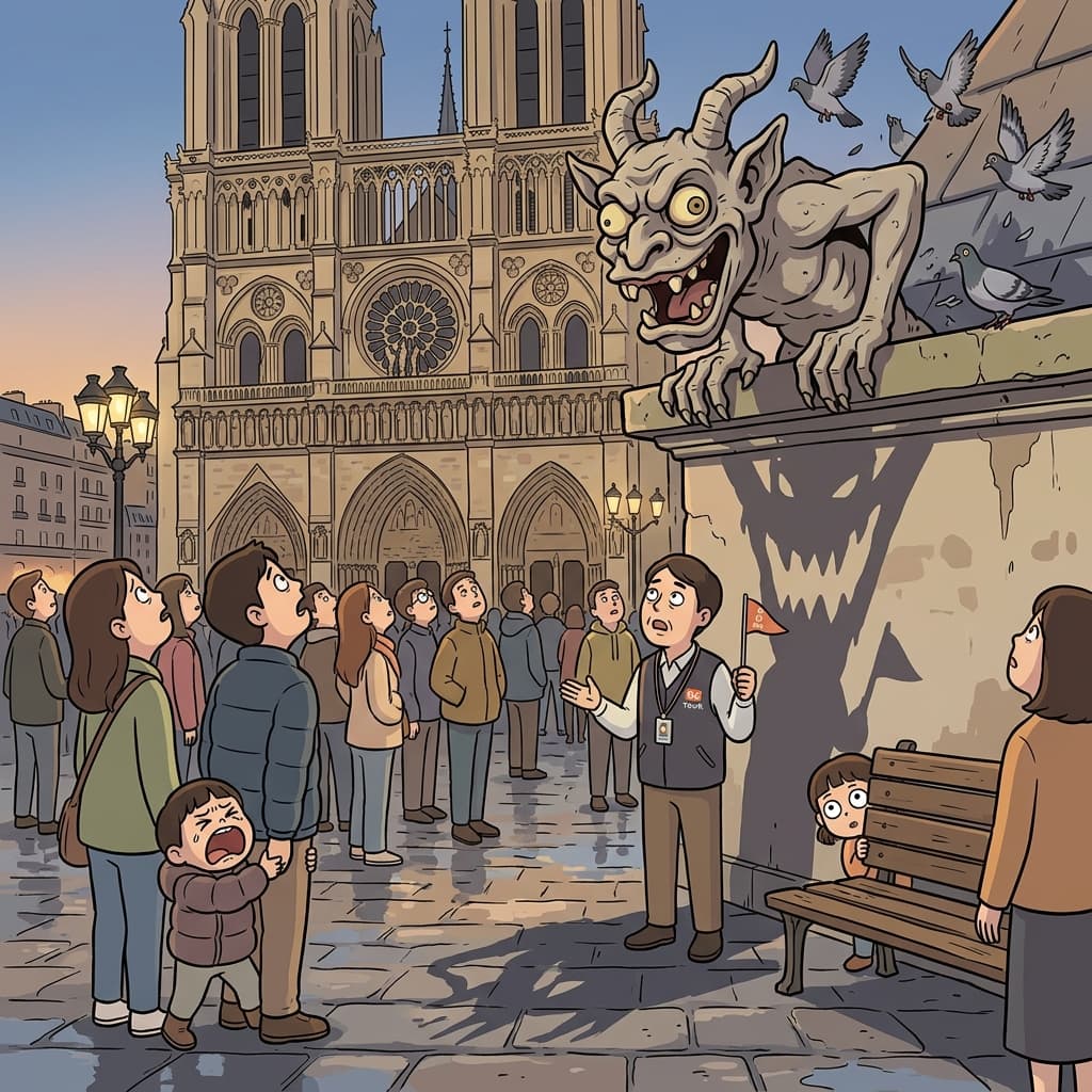 The grotesque gargoyle on the cathedral roof made children shriek and hide behind their parents.