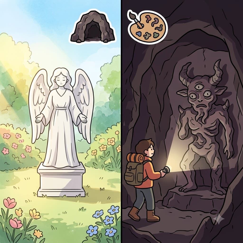 GROT(cave) + ESQUE(style) — discovering a statue carved in a bizarre, twisted GROT(cave) ESQUE(style), the explorer found it absolutely grotesque.