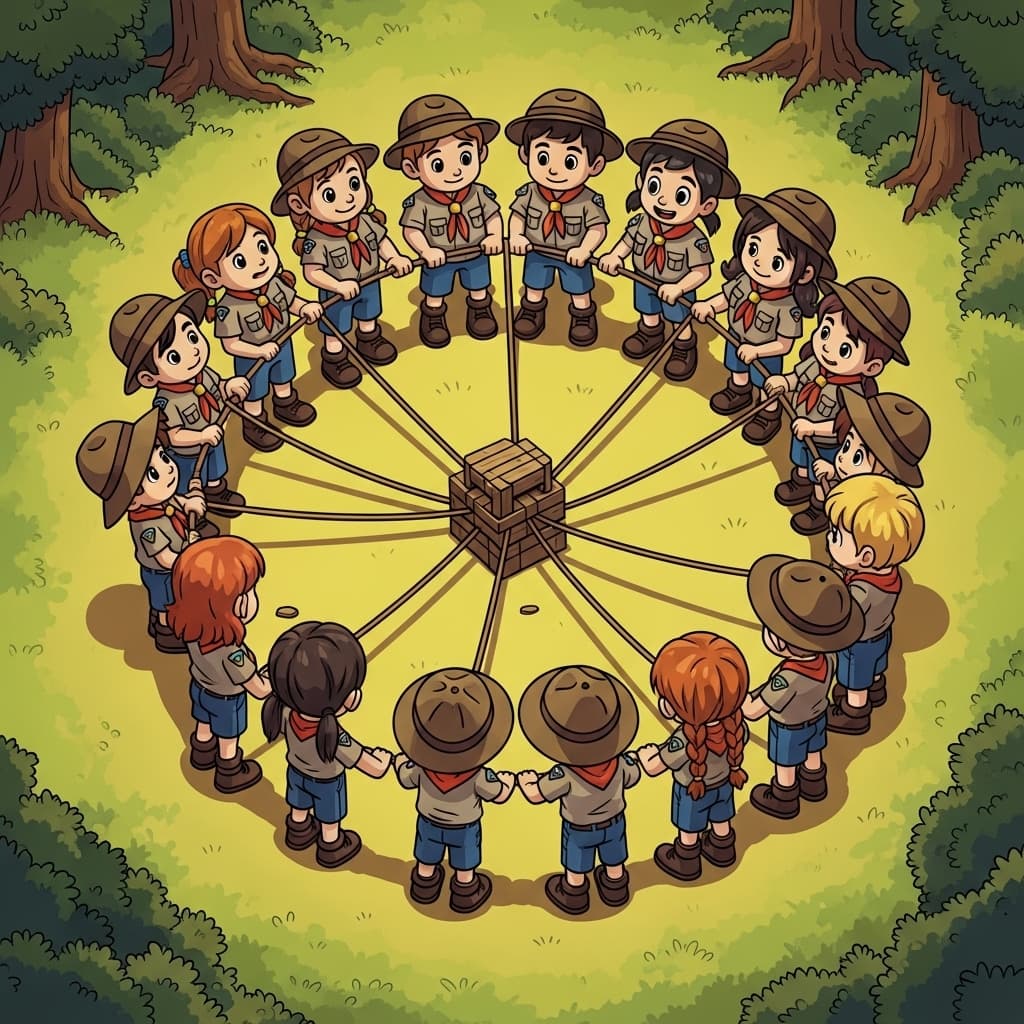 The group works as a troop, standing together in a loop.