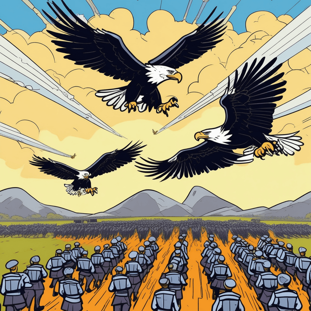 Grouping troops while eagles come swooping, soldiers trooping in perfect formation!