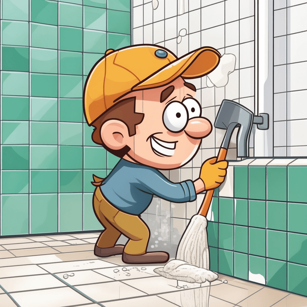 a skilled tile worker carefully applies white grout mixture into the spaces between freshly installed ceramic tiles using a rubber float tool. The worker moves the float diagonally across the tile surface, pressing the thick paste deep into each gap. Before the application, empty dark lines separated each tile, but now those spaces fill with smooth white material. The worker's assistant kneels nearby, mixing more grout in a bucket and wiping excess material from completed sections. the mixture of cement, sand, and water being used to fill gaps between tiles