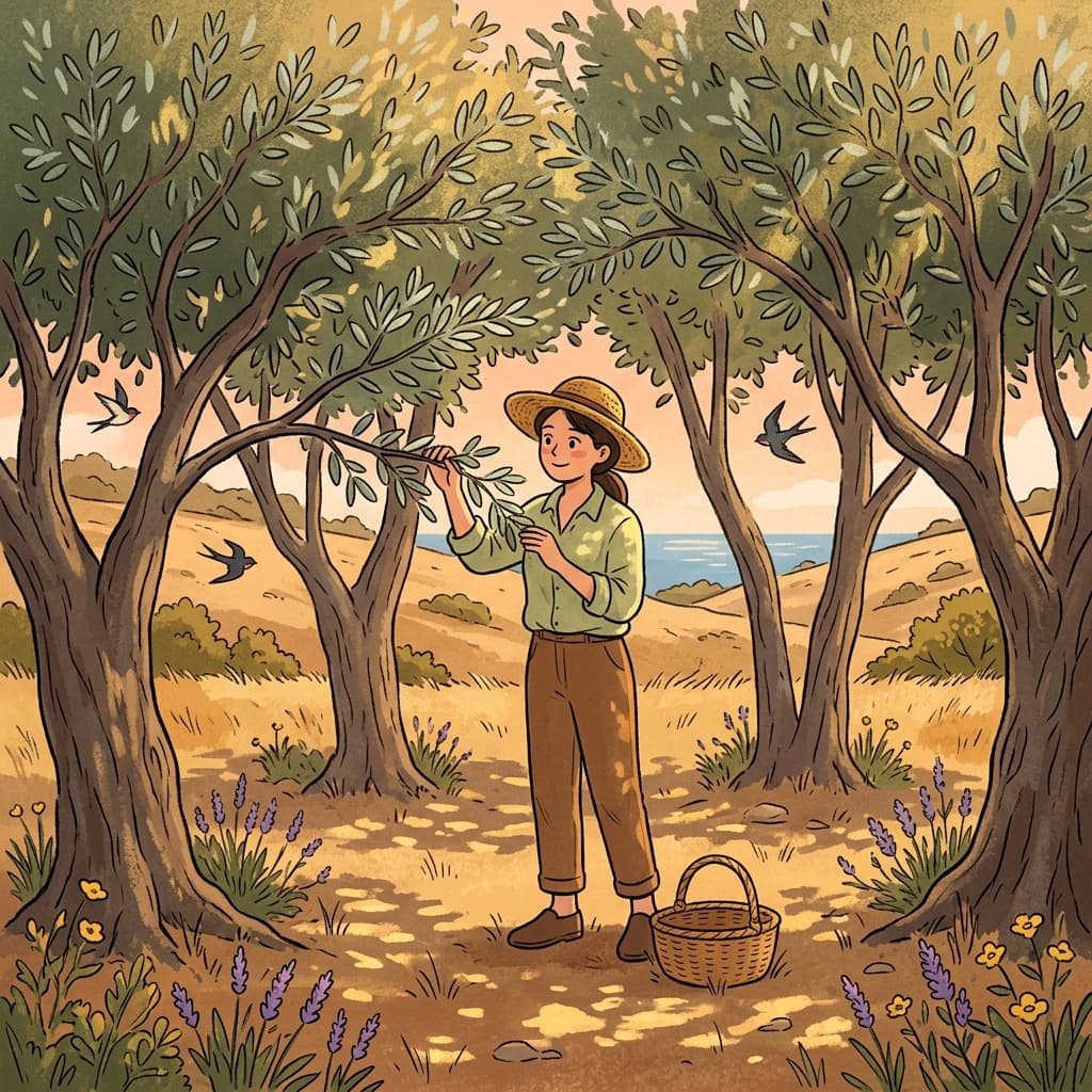 She wandered into a quiet olive grove on the sunny hillside.