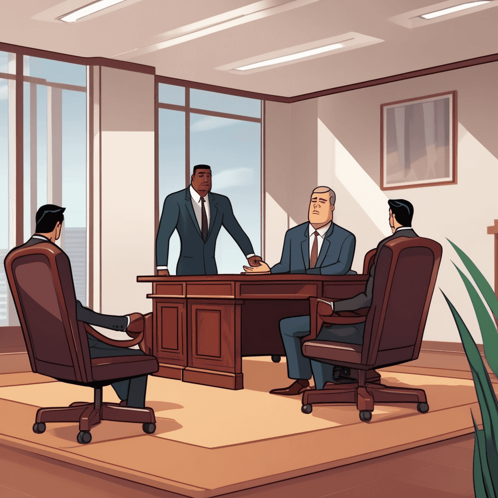 an employee kneels on the floor with hands clasped together, bowing deeply toward his boss's feet. His face shows desperate fear and submission as he begs for mercy after making a terrible mistake. The boss sits rigidly in his large leather chair, looking down coldly at the groveling worker. The employee's posture becomes even lower as he practically touches the floor with his forehead. Other office workers peek through the doorway with shocked expressions at the humiliating display. acting in an obsequiously servile manner in order to obtain forgiveness or favor
