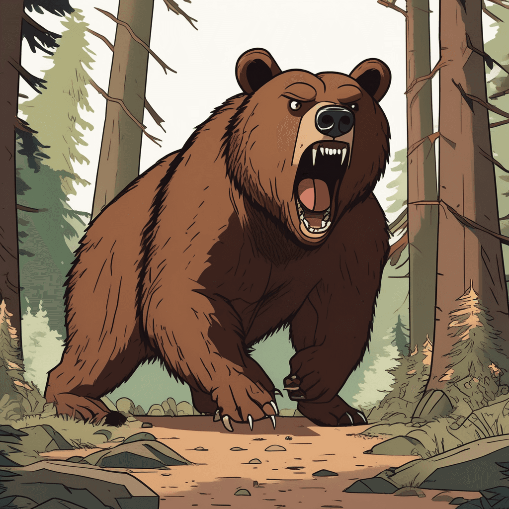 a large brown bear stands on its hind legs with its mouth open, showing its teeth as it makes a deep rumbling sound. The bear's throat is visibly vibrating and its body language shows clear aggression and warning. The hiker has frozen in place, clutching his backpack straps with wide eyes full of fear. Other forest animals like squirrels and birds scatter away from the area in panic. The bear's posture and facial expression show it is defending its space from the intruder. the bear making a low, rumbling sound expressing anger and hostility
