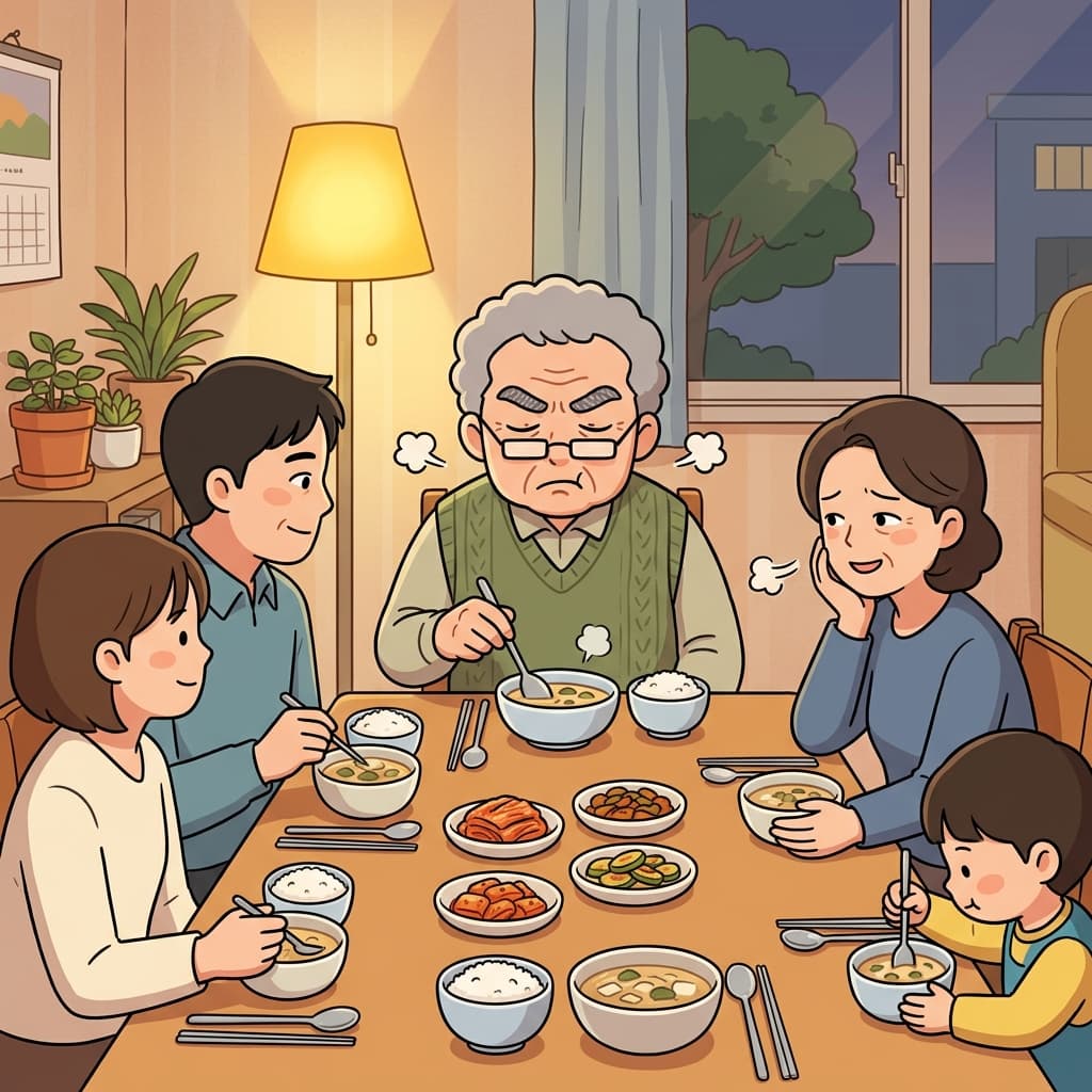 The old man started to grumble about the cold soup at dinner.
