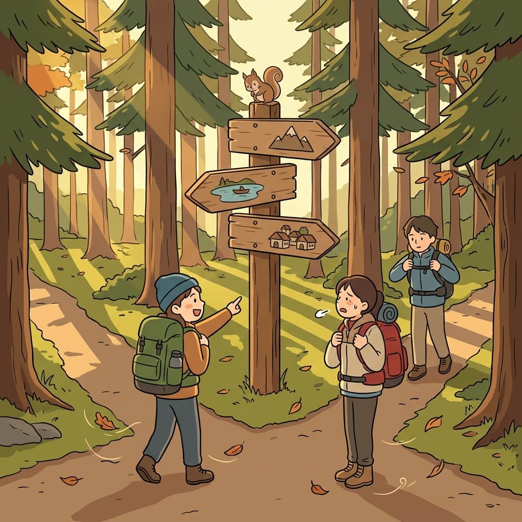 A wooden guidepost at the forest crossroads shows hikers exactly which trail leads home.