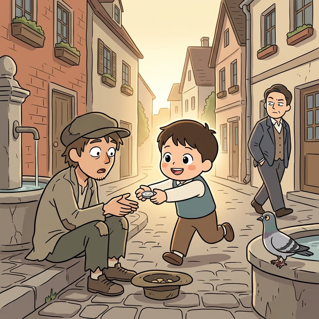 The guileless child hands his last coin to a stranger without hesitation.