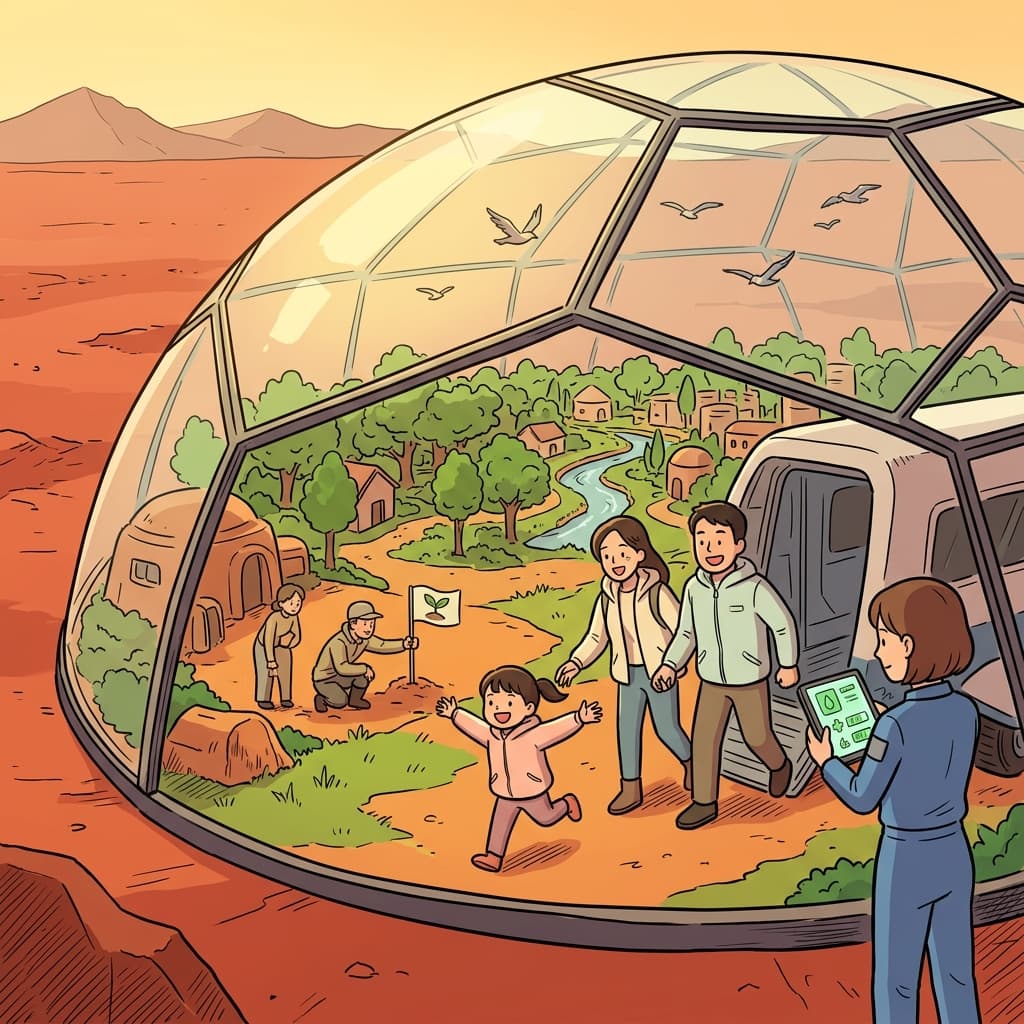 After years of terraforming, Mars finally became habitable for the first settlers.