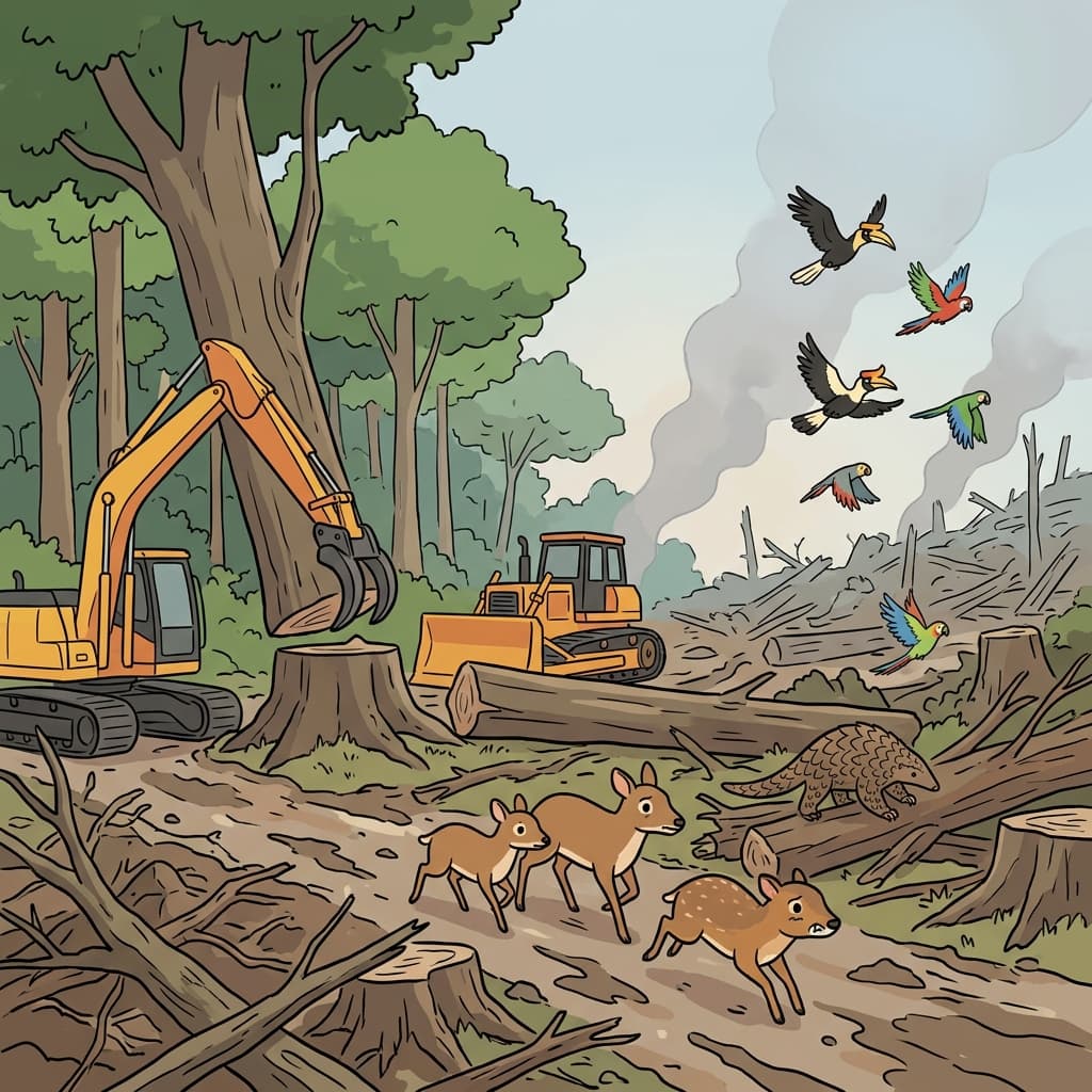 The animals fled their habitat as construction destroyed the forest.