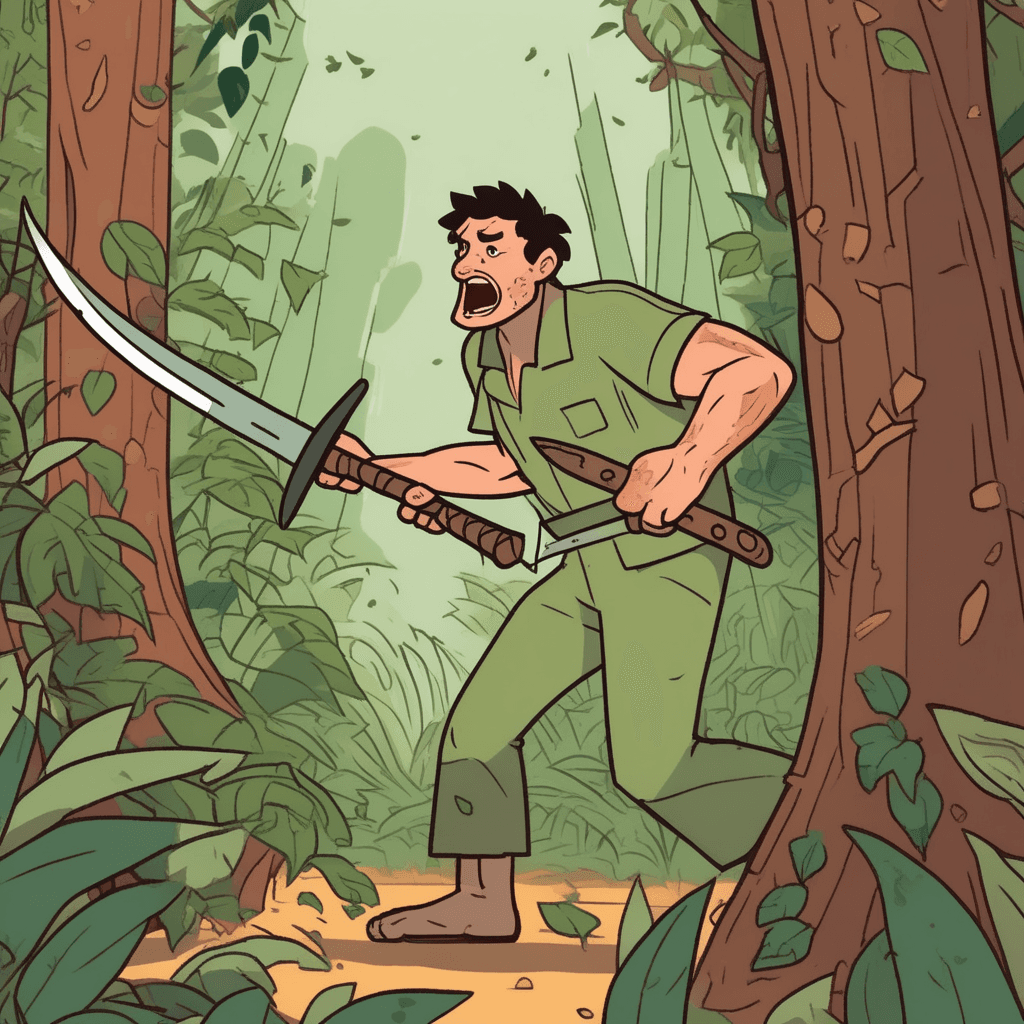 Roughly chopping through thick jungle vines