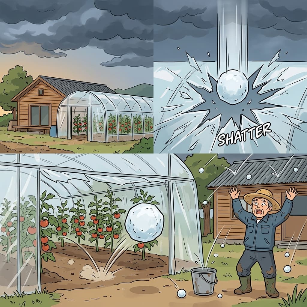 A huge hailstone smashes through the farmer's greenhouse roof during the storm.