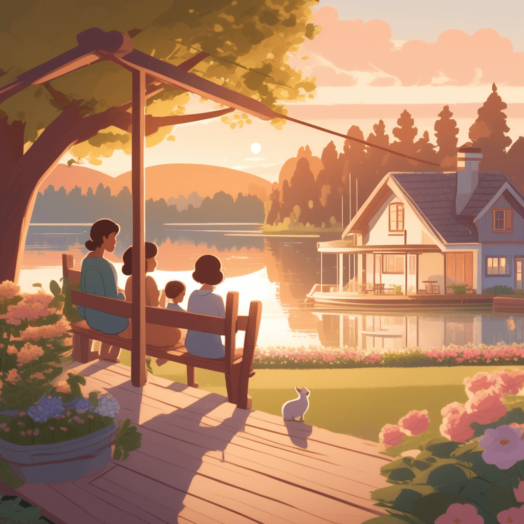 a grandmother sits peacefully on a wooden porch swing reading to two young children nestled beside her. The children listen with calm, content expressions as gentle evening light bathes the scene. A golden retriever sleeps peacefully at their feet while butterflies flutter around nearby flower beds. The father tends to a vegetable garden in the background, humming softly to himself. Birds chirp melodiously from tree branches as a gentle breeze makes the flowers sway. The entire family radiates contentment in this perfect, undisturbed moment. a period of time that is idyllically happy and peaceful