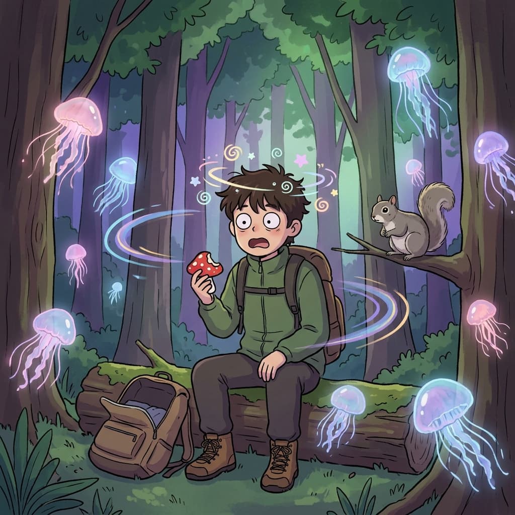 The hallucinogenic mushroom made him see floating jellyfish in the forest.