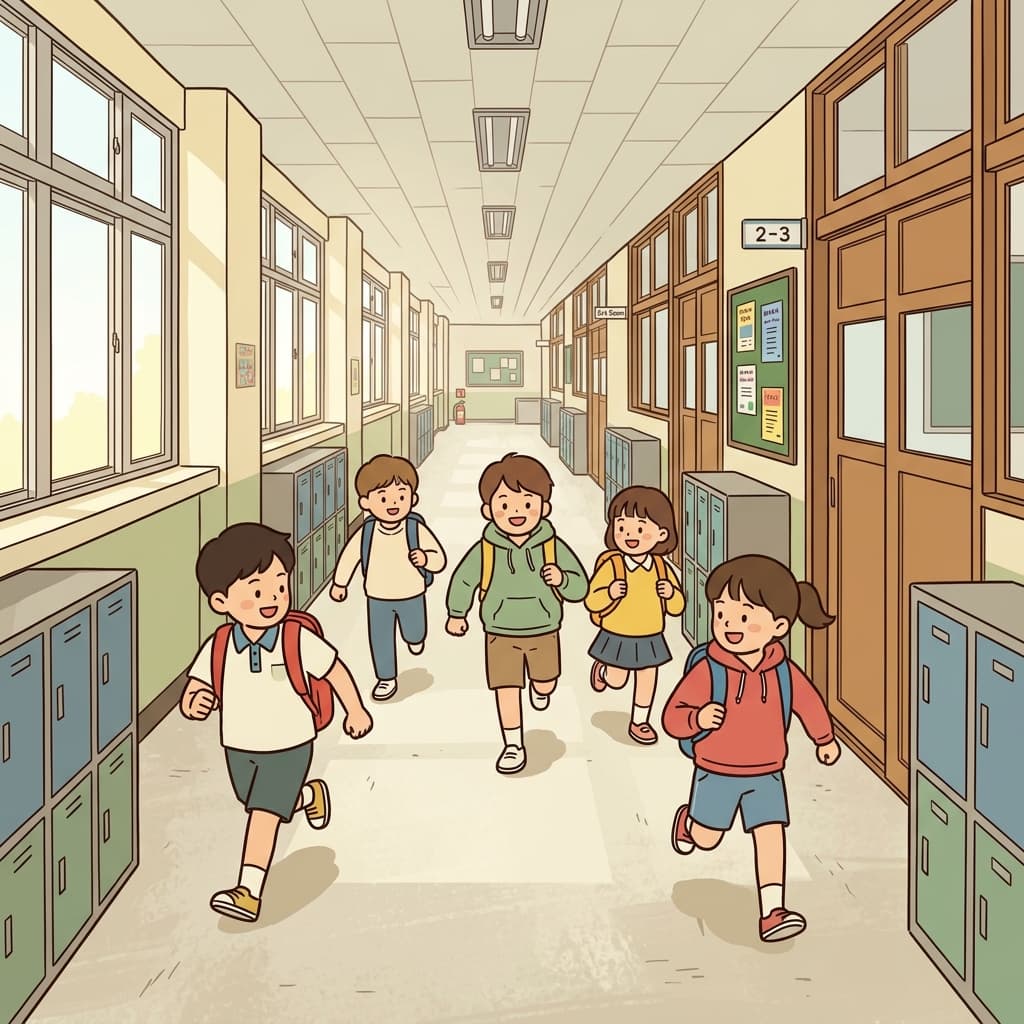 The children ran through the hallway after school ended.