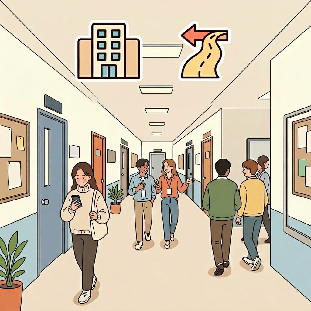 People walked through the hallway to reach different offices. (HALL + PATHWAY = HALLWAY)