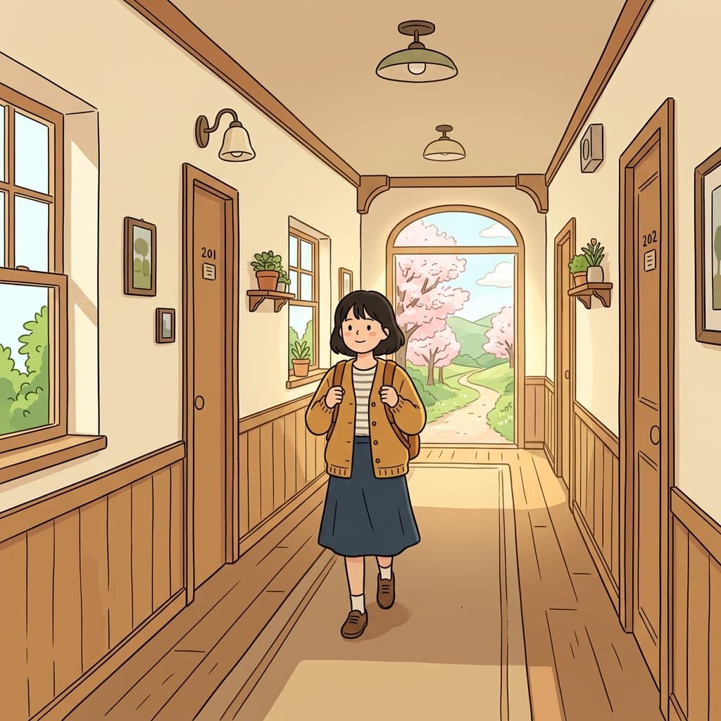 The hallway led through a doorway toward a new pathway.