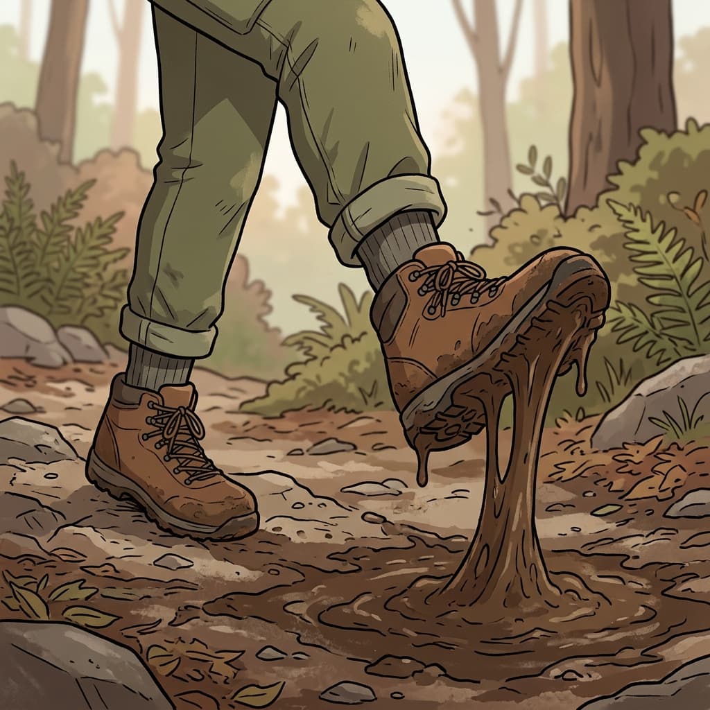 His steps were hampered by the thick mud.