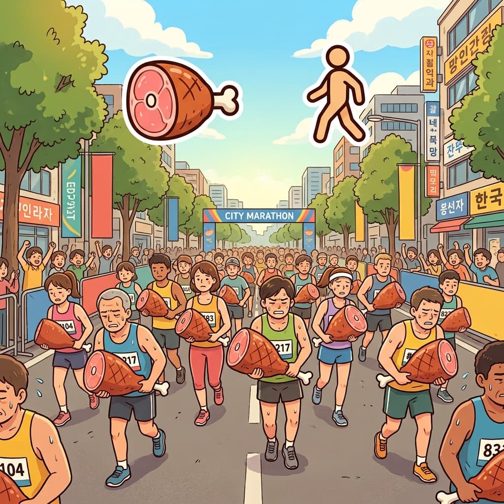 The runners were hampered by the heavy ham they had to carry. (HAM(ham) + PER(each) — forcing the runners to carry one giant ham per person heavily hampered their speed.)