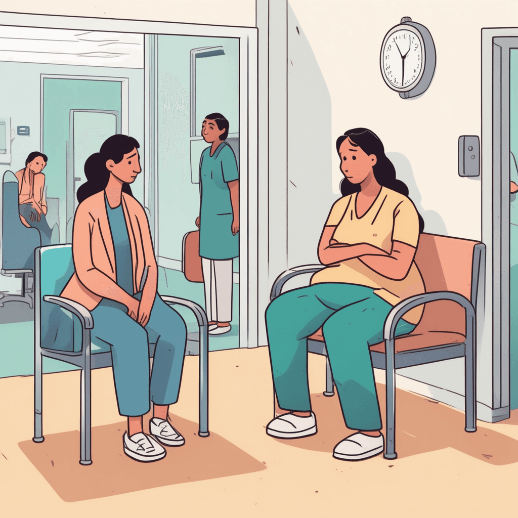 a mother sits forward on a waiting room chair, literally wringing her hands together in repetitive twisting motions while her face shows deep concern. Her friend places a comforting hand on her shoulder as the mother continues the anxious hand movements. The mother's child has been in surgery for hours and she cannot stop the nervous fidgeting. Her excessive worry is visible to everyone around her through her body language and facial expressions. Other family members in nearby chairs watch her with sympathetic looks, recognizing her distress. excessive worry, anxiety, and anguish being displayed openly through physical actions