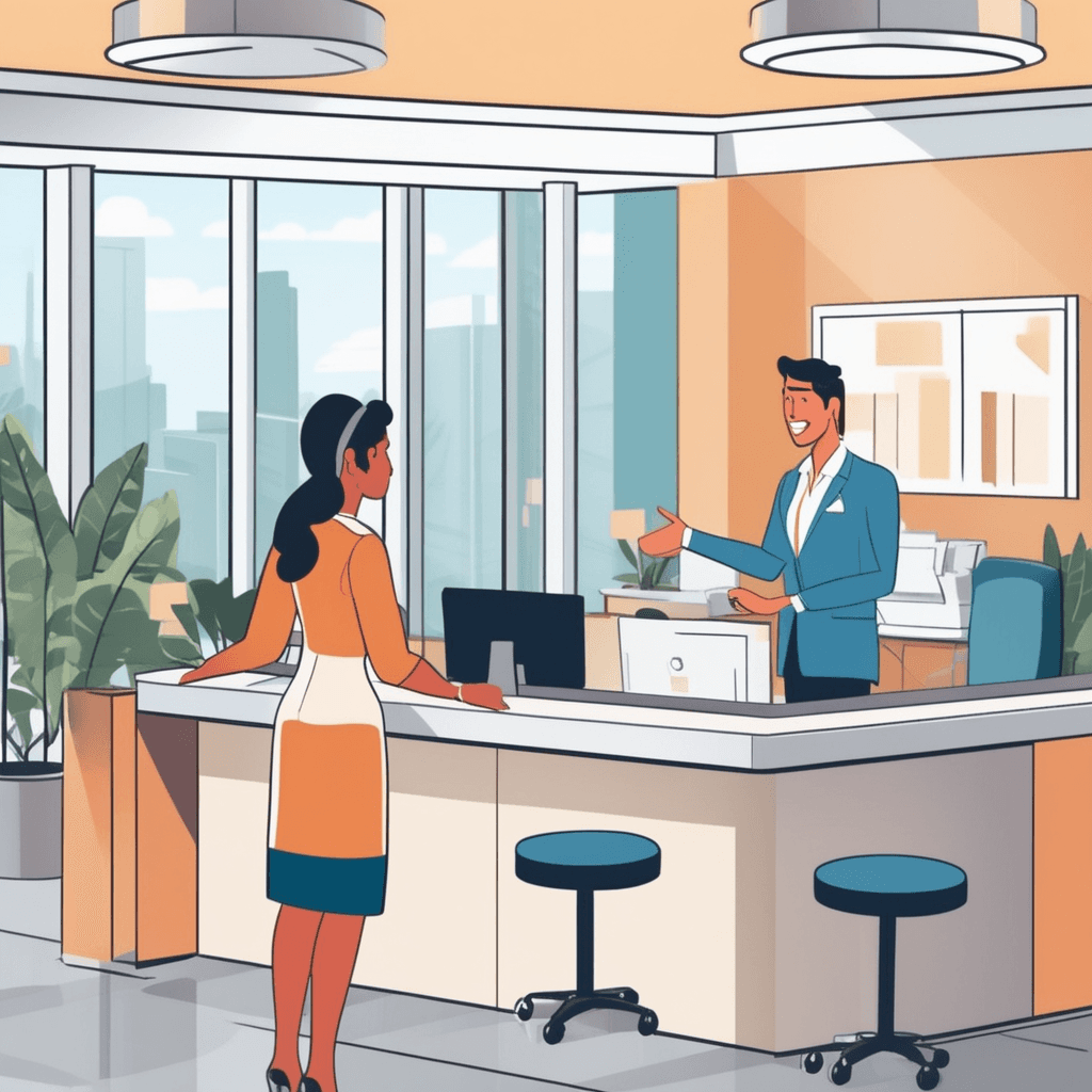 a friendly receptionist sits behind a desk gesturing helpfully while speaking to a customer standing in front of her. She holds a phone in one hand while pointing to documents with the other hand. Several customers wait in line behind the first person, each holding different papers and looking expectant. The receptionist maintains a calm, organized demeanor as she multitasks between the phone call and the in-person visitor. Other staff members move around the background carrying files and folders. someone dealing with questions, requests for information, and managing multiple customer needs simultaneously