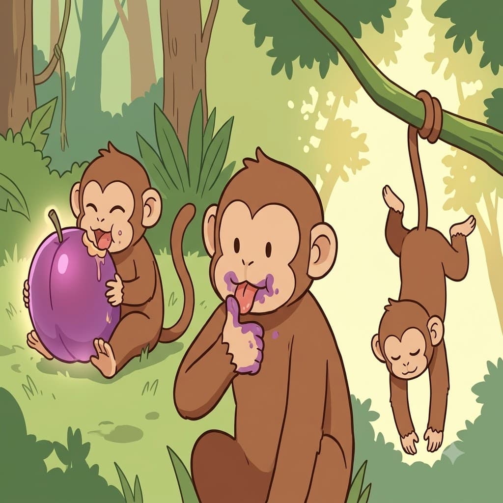 After eating a sweet plum and licking his sticky thumb, the happy monkey jumped to safely hang from the tall tree branch.