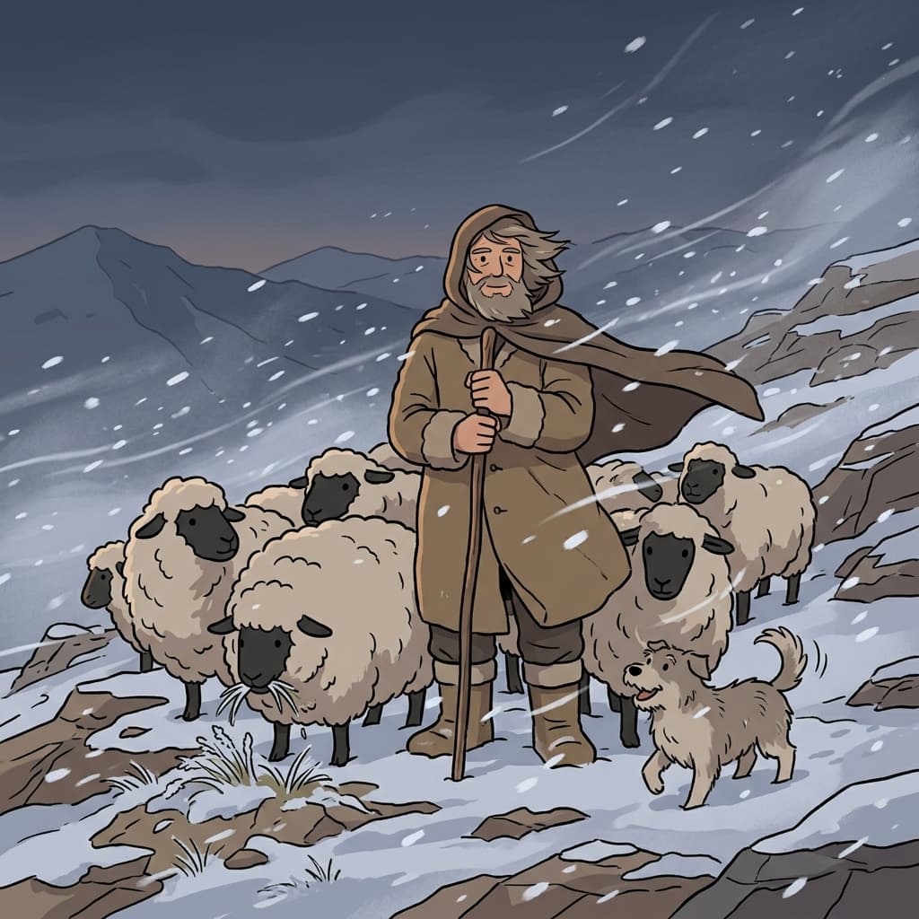 The hardy shepherd tends his flock through the blizzard without flinching.