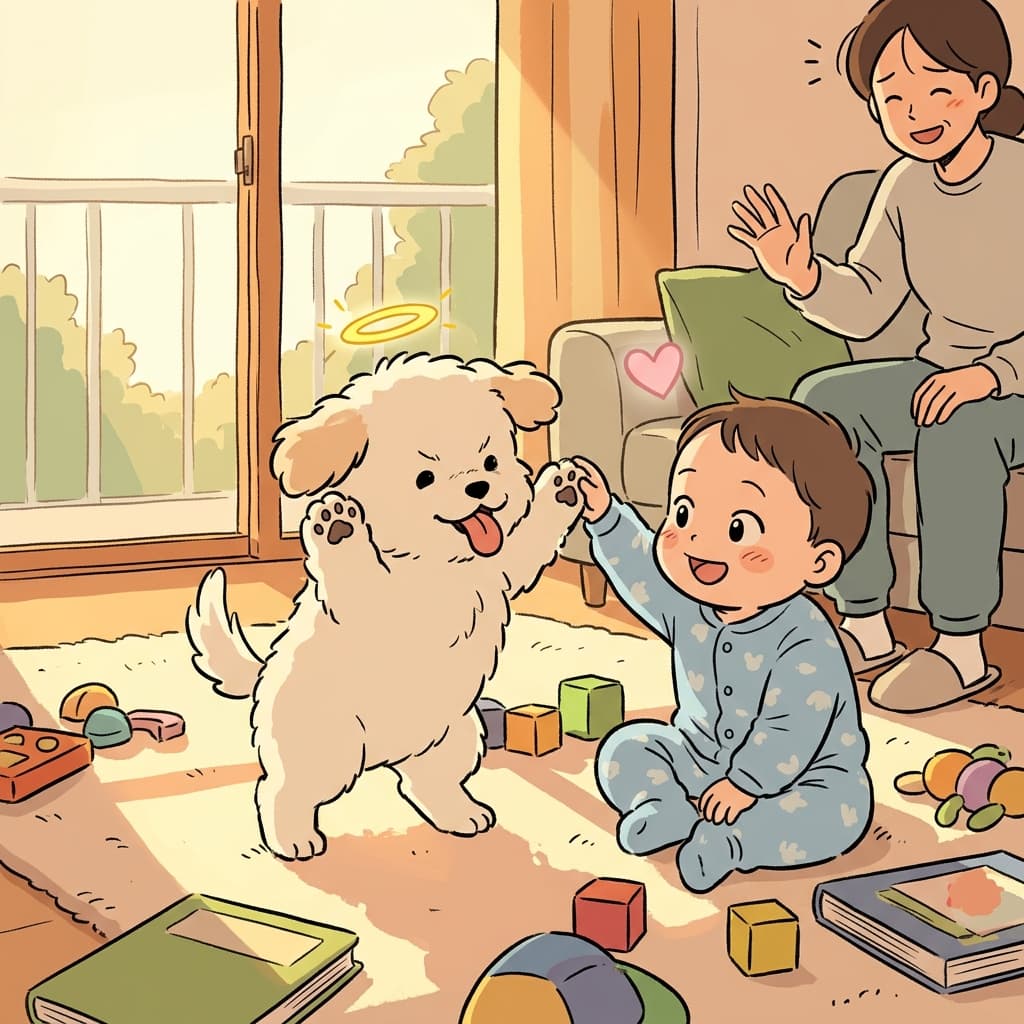The fluffy puppy looks scary but is completely harmless to the toddler.